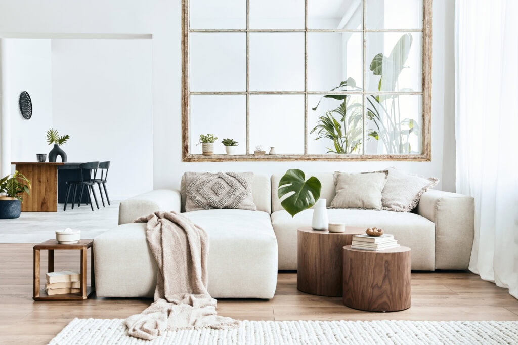 modern interior of open space with design modular sofa, furnitur