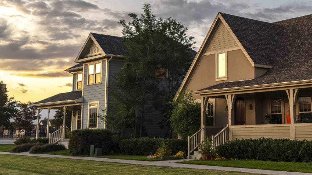 panorama frame row of houses on an estate at sunset